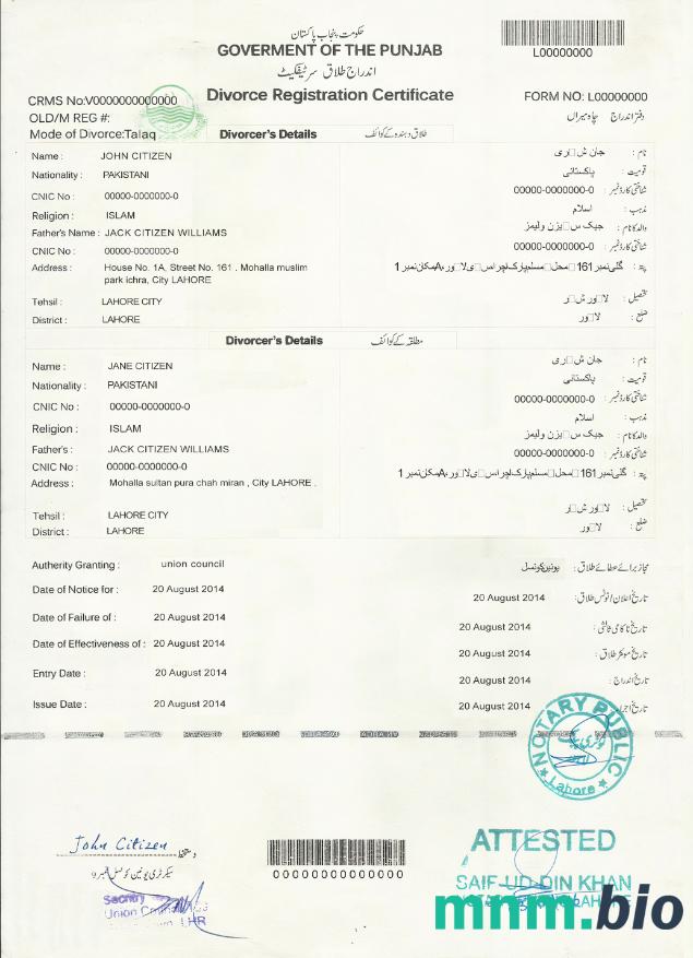 PAKISTAN (Punjab) divorce certyfikat